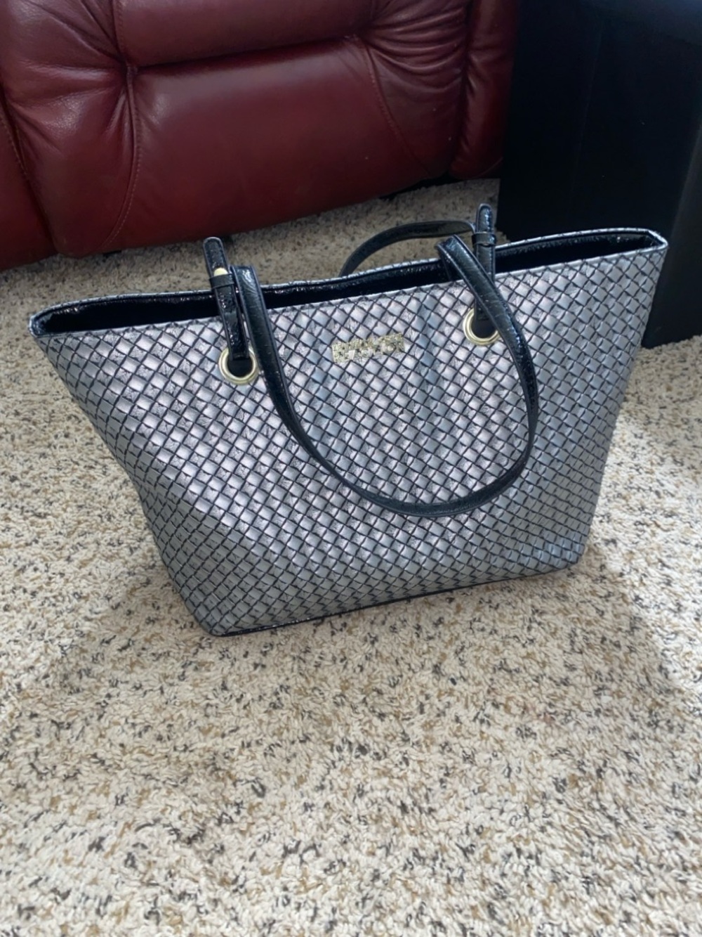 Kenneth Cole Reaction Silver Quilted Shoulder Tote with Black Trim